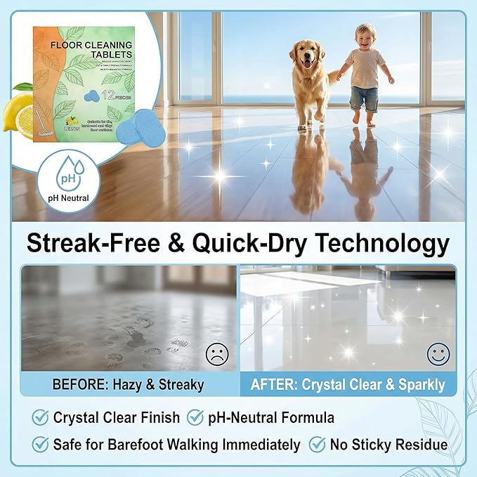 Floor Cleaning Tablets: 1 Tab = 2l Pre-Measured Solution, Streak-Free & Non-sticky for Barefoot Clean, Protects & Shines All Floors, Zero-Plastic & Space-Saving, For Mops & Robot Vacuums (2set)