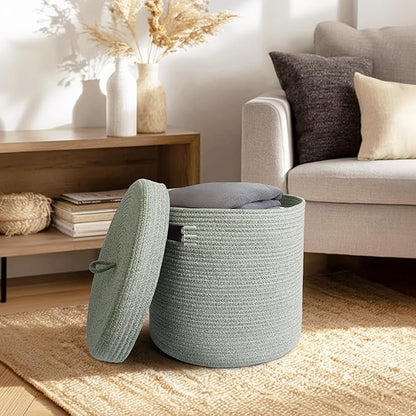 Storage Basket with Lid, Woven Blanket Storage for Living Room, Cotton Rope Bin with Lid, Round Wicker Laundry Basket with Cover, Lidded Kid Dog Toy Box, Nursery Organizer, 15"x13", Green