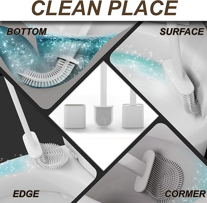 Silicone Toilet Brushes & Holders – Pack of 2 Long Non-Slip Handle, Flexible Bristles for Easy Cleaning – Modern Drip-Free Base, Durable White Bathroom Toilet Brush Set with Holder