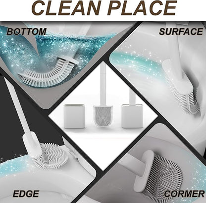 Silicone Toilet Brushes & Holders – Pack of 2 Long Non-Slip Handle, Flexible Bristles for Easy Cleaning – Modern Drip-Free Base, Durable White Bathroom Toilet Brush Set with Holder
