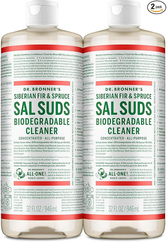 Dr. Bronner's Sal Suds Biodegradable Cleaner (32 Ounce, 2-Pack) – All-Purpose Mop Detergent for Floors, Kitchen & Bathroom, Multi-Surface Household Concentrate, Dish Degreaser & Laundry Use