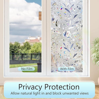 HIDBEA Window Privacy Film, 3D Stained Glass Static Cling - Sun Blocking Anti-UV Heat Control, Reusable Decorative Film for Home/Office Doors, Rainbow Tulip Design (17.3 in x 78.7 in)