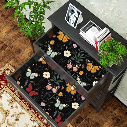 Dark Butterfly Wallpaper Peel and Stick, Vintage Black Butterfly Floral Self Adhesive Removable Wall Paper for Nursery Bedroom Cabinet, Vinyl Boho Colorful Contact Paper Decor 17.5In x 118In