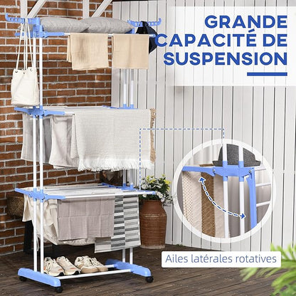HOMCOM Folding Clothes Airer on Wheels Steel Frame Interior and Exterior Side Wings 3 Levels 73 x 64 x 177 cm Blue Silver