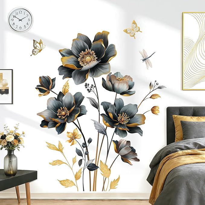 wondever Black Gold Flowers Wall Stickers 3D Floral Butterfly Peel and Stick Wall Art Decals for Living Room Bedroom Sofa TV Background