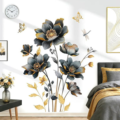 wondever Black Gold Flowers Wall Stickers 3D Floral Butterfly Peel and Stick Wall Art Decals for Living Room Bedroom Sofa TV Background
