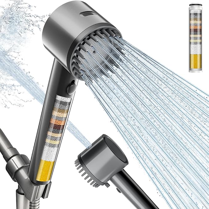 Cobbe Ion Drops Filtered Shower Head with Handheld, 4+1 Spray Mode Showerhead with Filters, Built-in Power Wash for Hard Water - Remove Chlorine - Reduces Dry Itchy Skin, Luxury Gray