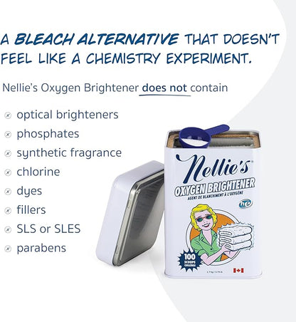 Nellie's Oxygen Brightener - 100 Scoops - Planet Friendly Stain Remover - Safe Alternative to Bleach - Septic-Safe Formula - Compact Powder Form - Made in Canada