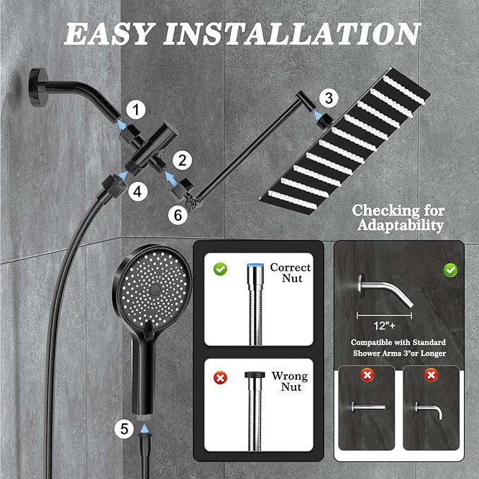 12 Inch Shower Head, Rain Shower Head with Adustable Extension Arm, Detachable Matte Black Rina Shower Head with Handheld Spray, High Pressure Shower Hose with Holder in Bathroom(Black)