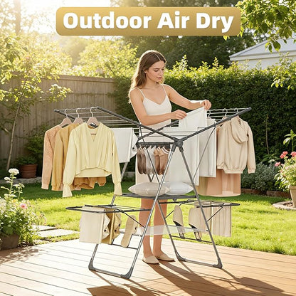 Clothes Drying Rack Foldable, 2-Tier Stainless Steel Heavy Duty Laundry Rack with Adjustable Height Wings, Sock Clips, Space Saving Drying Rack Clothing for Indoor & Outdoor, Apartment, Balcony