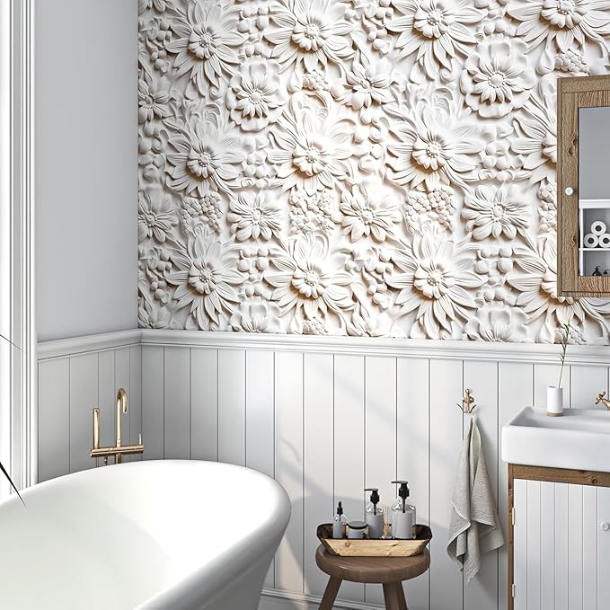 FunStick 17.5"x354" Cream White Peel and Stick Wallpaper Faux 3D Embossed Floral Wallpaper Self Adhesive Wallpapers for Bedroom Living Room Wall Panels White Floral Contact Paper for Walls Cabinets