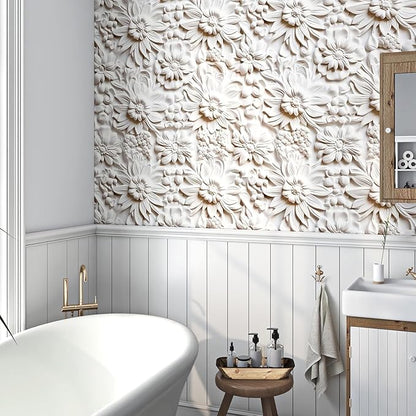 FunStick 17.5"x354" Cream White Peel and Stick Wallpaper Faux 3D Embossed Floral Wallpaper Self Adhesive Wallpapers for Bedroom Living Room Wall Panels White Floral Contact Paper for Walls Cabinets