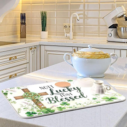 St.Patrick Days Dish Drying Mat for Kitchen Countertop 16x18 Green Shamrock Blessed Cross Small Drying Mat Reusable Quick Dry Dish Sink Mats Easy Clean Decorative Essentials