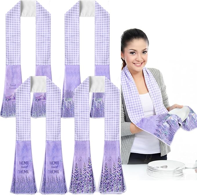 4 Pack Lavender Kitchen Scarf Boa Dish Towel Decor 4 x 68 Inch for Holiday Cooking Baking Accessories Plaid Cotton