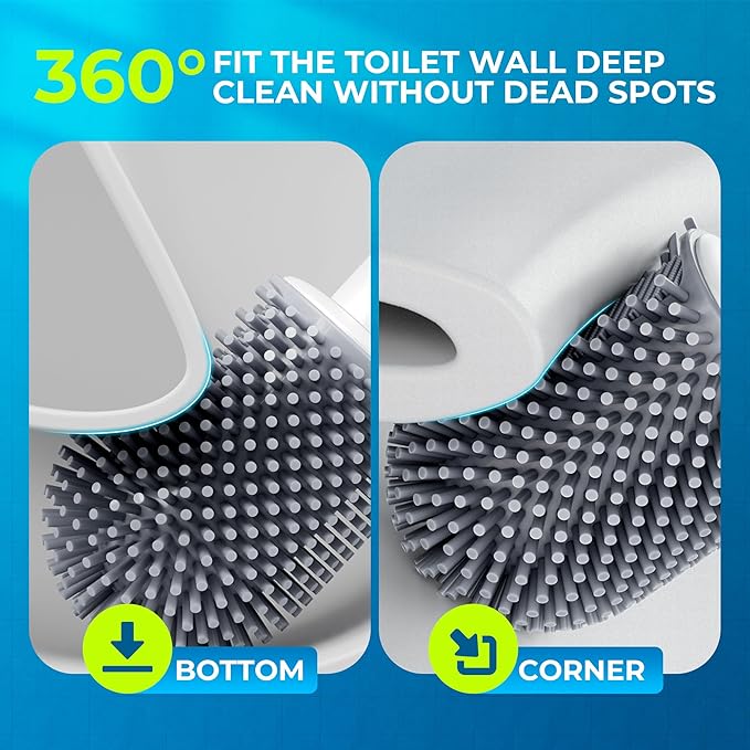 Silicone Toilet Brush, L-Shaped Toilet Brush and Holder Set, Bathroom Toilet Brush with Long Non-Slip Handle, Wall Mounted or Floor Standing Design, for Home and RV Use