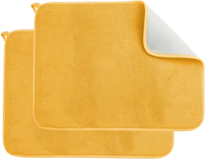 2 Pack Microfiber Dish Drying Mat, 24*18 Inch Absorbent Dish Drainer Mat for Kitchen Counter, Reversible Dish Drying Pad for Countertops, Sinks, Draining Racks (Yellow)