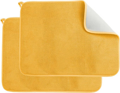 2 Pack Microfiber Dish Drying Mat, 24*18 Inch Absorbent Dish Drainer Mat for Kitchen Counter, Reversible Dish Drying Pad for Countertops, Sinks, Draining Racks (Yellow)