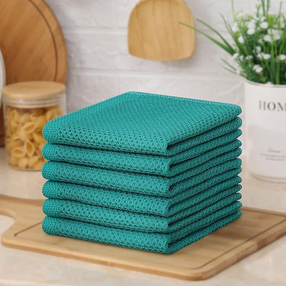 Kitinjoy 100% Cotton Kitchen Dish Cloths (12 X 12 Inches, Teal), 6 Pack Waffle Weave Ultra Soft Absorbent Dish Towels for Drying Dishes Quick Drying Kitchen Towels Dish Rags