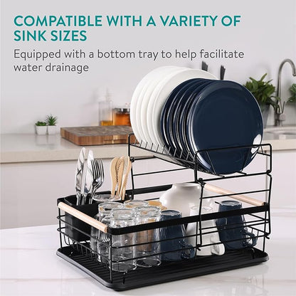 Navaris 2 Tier Dish Rack - Compact Drying Kitchen Board with Drip Tray & Cutlery Holder - Easy to Assemble and Clean Dishes - Sink Drainer Rack - Black