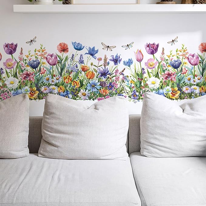 Wildflower Wall Decals with Daisy Tulip Garden Floral Dragonfly Peel and Stick Removable Wall Art for Nursery Girls Room Living Room Kitchen Decor