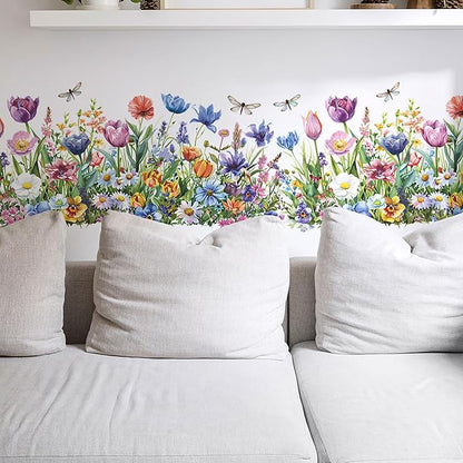 Wildflower Wall Decals with Daisy Tulip Garden Floral Dragonfly Peel and Stick Removable Wall Art for Nursery Girls Room Living Room Kitchen Decor