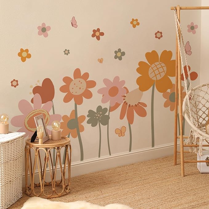 Cute Style Daisy Wall Decals Flower Wall Stickers Daisy Sticker Pink Yellow Flower Decal Peel and Stick Floral Wallpaper for Girls Bedroom Living Room Nursery Home Decor