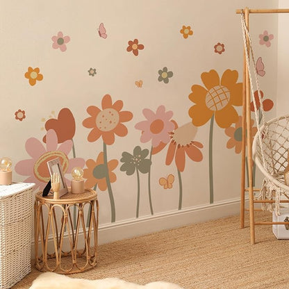 Cute Style Daisy Wall Decals Flower Wall Stickers Daisy Sticker Pink Yellow Flower Decal Peel and Stick Floral Wallpaper for Girls Bedroom Living Room Nursery Home Decor