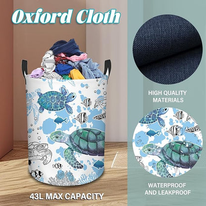 Sea Turtles Laundry Basket, Laundry Hamper Basket Ocean Theme Round Clothes Basket, 43L Collapsible Storage Organizer Bin with Handles for Toys, Gift for Chritsmas Thanksgiving 13.8x17.7in