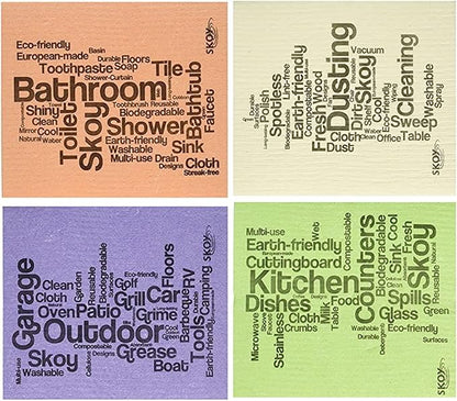 Skoy Cloth, 4-Pack Versatile Swedish Dishcloths for Kitchen and Household Use, Reusable Cleaning Cloths, Planet-Friendly, Dishwasher and Dryer-Safe, Assorted Colors