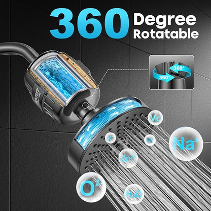 Filtered Shower Head COMBO – for Healthier Skin & Hair | 3 Mode High Pressure Shower Heads with 25-Stage Filtration | Removes 99.947% Chlorine & Heavy Metals | Shower Head ith Filters Set- Black