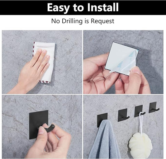 FOMANSH Heavy Duty Adhesive Hooks, Stick on Wall Adhesive Hangers, Strong Stainless Steel Holder, Self Adhesive Hooks for Kitchen Bathroom Home Door Towel Coat Key Robe 6 Packs Black