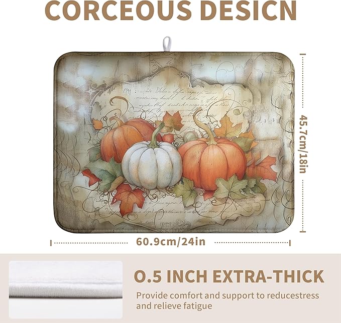 Autumn Kitchen Drying Mat 18x24 Inch Fall Pumpkin Maple Leaves Dish Drying Mats for Kitchen Counter Thanksgiving Absorbent Microfiber Dish Rack Mat for Coffee Bar Sink