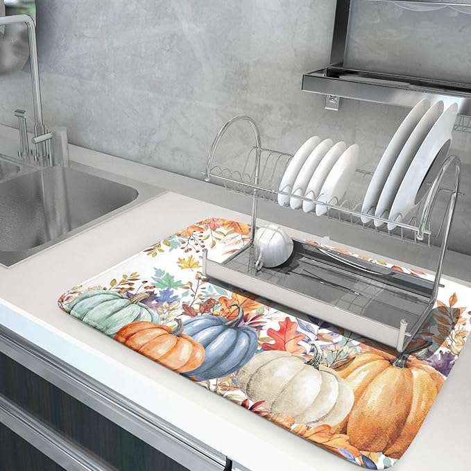 Fall Watercolor Pumpkin Dish Drying Mat 18 x 24 Inch With Absorbent Reversible Microfiber Maple Leaf Autumn Thanksgiving Harvest Drying Mats Dish Drainer Mat Fast Dry For Kitchen Dining Room Decor