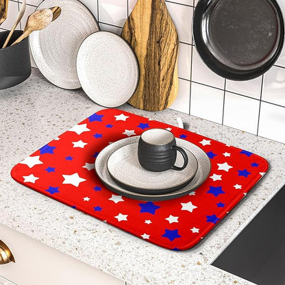 Fourth of July Independence Memorial Dish Drying Mat for Kitchen Counter,Blue White Star Patriotic Red Drying Mat 16 x 18 Inch with High Absorbent Microfiber Dish Drying Mat for Coffee Bar