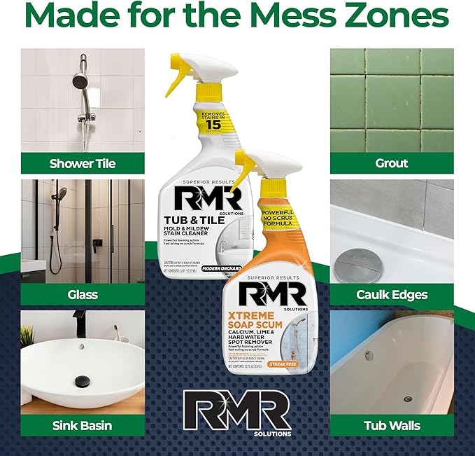RMR Bathroom Breakthrough Bundle – Tub & Tile Cleaner + Xtreme Soap Scum Remover, 2-Step Deep Clean System for Shower, Tub, Tile, Grout, & Glass Buildup, Stains, & Grime, 2–32 Oz Bottles