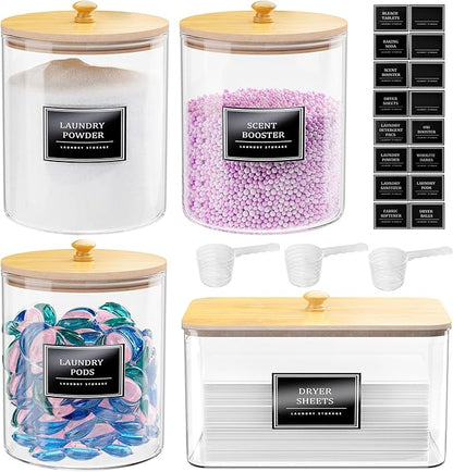 3+1 Pack Glass Laundry Pods Container & Acrylic Dryer Sheet Holder, Clear Laundry Room Organization Containers with Bamboo Lids & Labels, Powder Laundry Detergent Container for Scent Booster, Powder