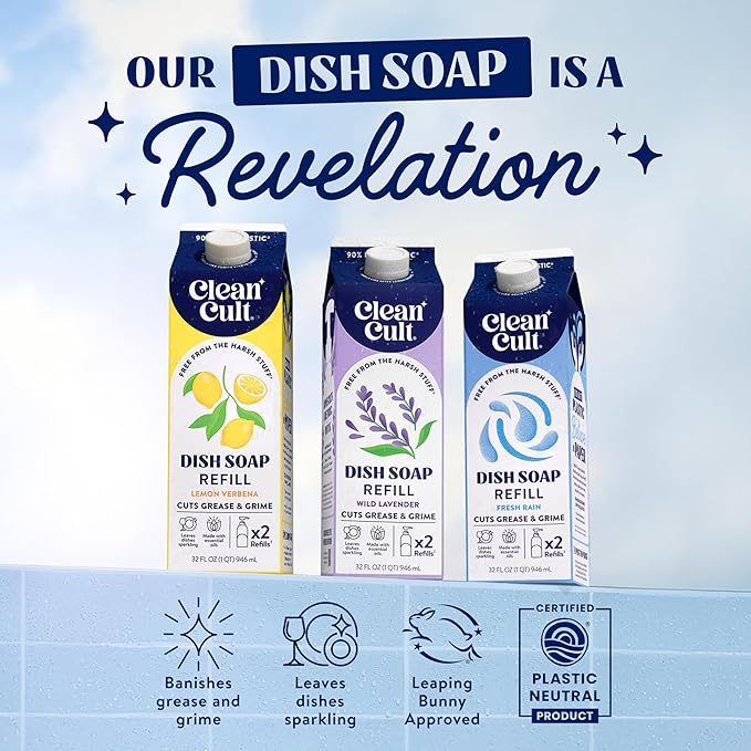Cleancult - Lemon Verbena - Liquid Dish Soap - Refillable Aluminum Bottle - Dish Soap that Cuts Grease & Grime - 16 oz - 3 Pack
