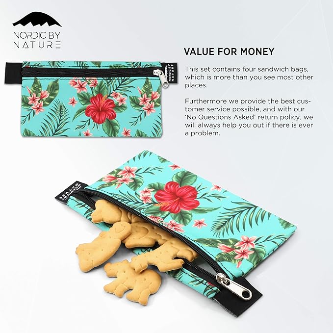 Nordic By Nature 4 Pack - Reusable Sandwich Bags Dishwasher Safe BPA Free - Durable Washable Quick Dry Cloth Baggies -Reusable Snack Bags school lunches - (Tropical Flowers)