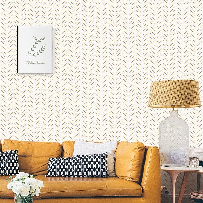 Erfoni Yellow and White Peel and Stick Wallpaper Modern Herringbone Wallpaper Bathroom 17.7inch x 118.1inch Geometric Removable Contact Paper Peel and Stick Self Adhesive Cabinet Wall Paper Waterproof