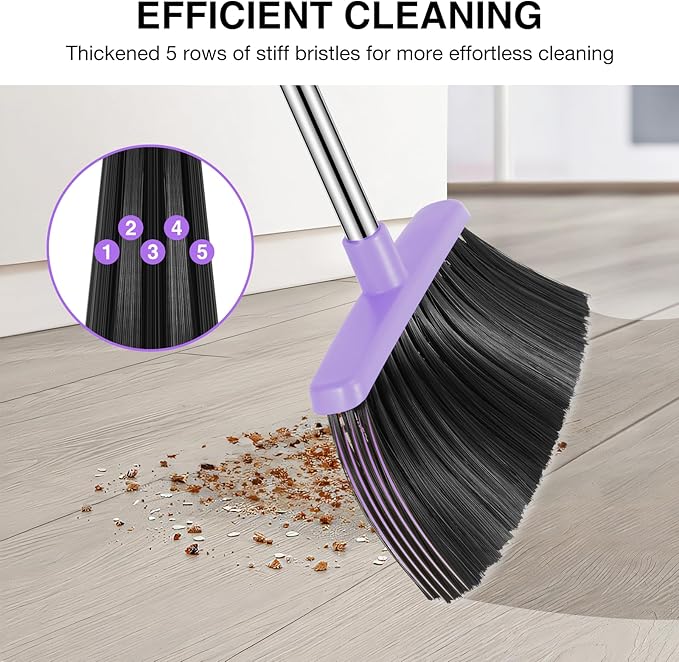 NACENA Broom and Dustpan Set, 52-in Long Adjustable Handle Broom Dustpan Combo with Dust pan Teeth to Automatically Clean Hair Suitable for Home Kitchen Office Hall Floor (Purple), 2 Pack