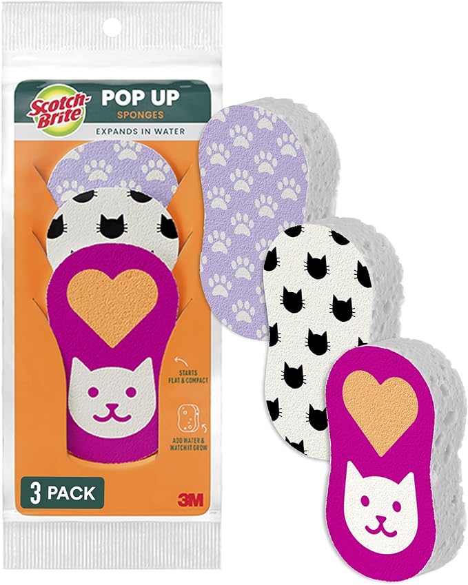 Scotch-Brite Cat Pop Up Non-Scratch Sponges, Limited Edition,Expands in Water,3 Pack