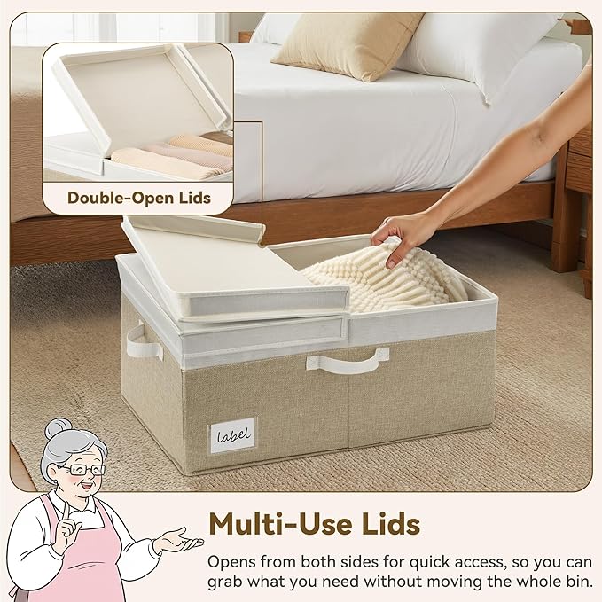 GRANNY SAYS Decorative Storage Boxes with Lid, Large Storage Bins with Double-Open Lid, Storage Basket for Clothes, 63L Closet Linen Storage Bin, White/Khaki, 2-Pack