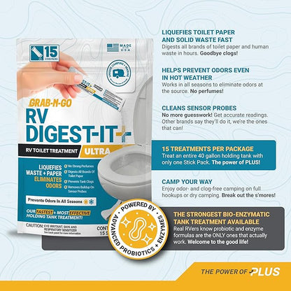Unique RV Digest-It Ultra Stick Pack, 15 Count, Extra-Strength RV Toilet Treatment, No-Mess, Pre-measured, Grab-N-Go Bio-Enzymatic Black Tank Treatment, Eliminates Smells and Prevents Clogs