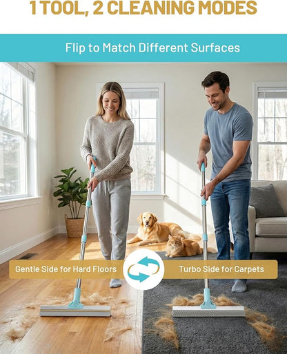 Carpet Rake for Pet Hair Removal: DELOMO Carpet Broom Scraper with 54” Adjustable Long Handle, Dual-Sided, Metal + Short Silicone for Carpets & Rugs, Extended Silicone for Shag Rugs & Hard Floors