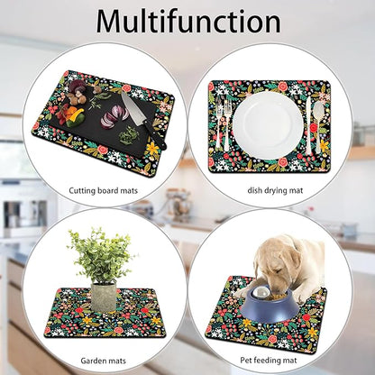 Dish Drying Mat for Multiple Usage. Super Absorbent, Easy clean, Quick dry, Cocina Accesorios for Kitchen Counter or Faucet Sink, Coffee bar, Refrigerator or Air fryer liners, 2 Pack wildflowers