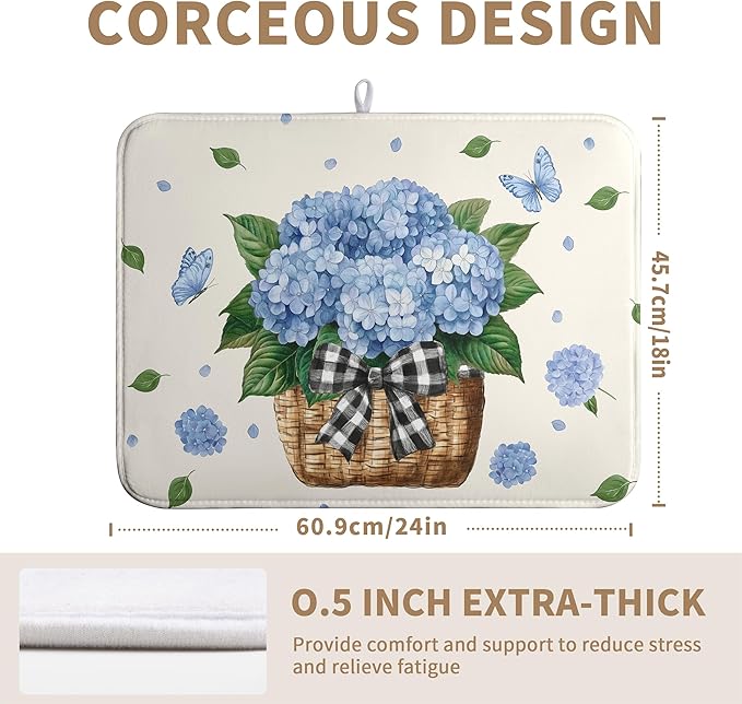 Spring Hydrangea Dish Drying Mats Spring Summer Floral Dish Mat Blue Flowers Butterfly Drying Matt Dishes Dryer Pad for Kitchen Counter Absorbent Microfiber Washable Foldable Reusable 18x24 in