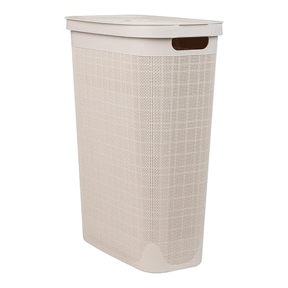 Mind Reader Slim Laundry Hamper with Lid, 40L Clothes Basket, Linen Design, Plastic, Ivory