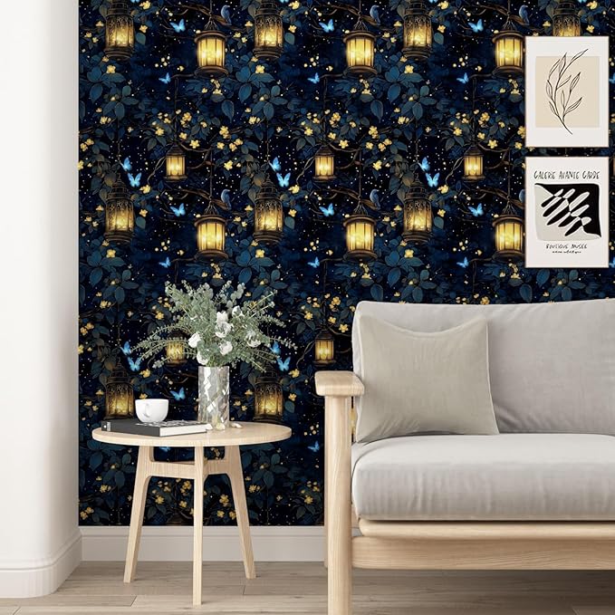 Extra Long Dark Floral Peel and Stick Wallpaper, 17.5In x 393In Fantasy Wonderland Forest Self-Adhesive Removable Wall Paper for Bedroom Cubicle Cabinet Drawer, Vinyl Contact Paper Black Blue