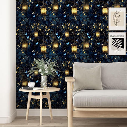 Extra Long Dark Floral Peel and Stick Wallpaper, 17.5In x 393In Fantasy Wonderland Forest Self-Adhesive Removable Wall Paper for Bedroom Cubicle Cabinet Drawer, Vinyl Contact Paper Black Blue