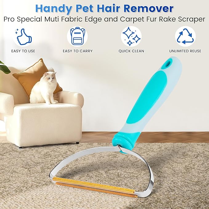 3-Pack Pet Hair Remover Tools, Carpet Rake for Pet Hair Removal, Long Handle Double-Sided Carpet Fur Removal Lint Scraper Brush Dog Cat Hair Remover for Sofa, Couch, Rug, Stairs, Clothes, Blue